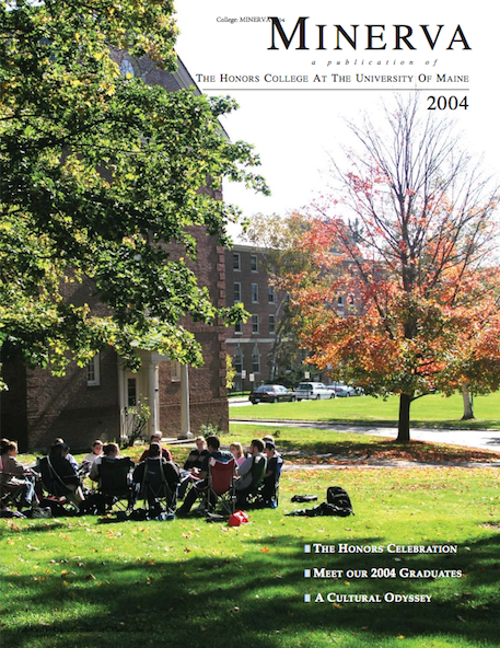 Minerva 2004 cover image, showing students having class outside on the lawn next to Colvin Hall