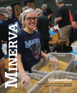 Minerva 2017 cover image, showing a student volunteering at the Maine Day Meal Packout