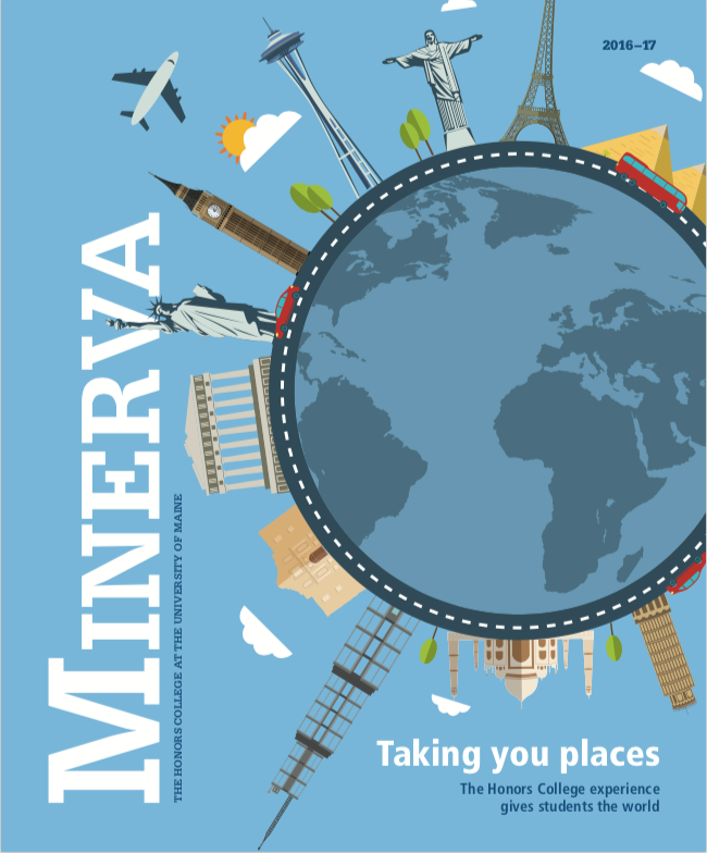 Minerva 2016 cover, showing an illustration of a globe with world monuments all around it