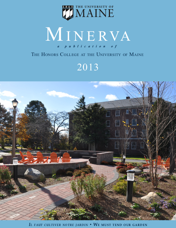 Minerva 2013 cover image, showing Charlie's Terrace outdoor classroom across from Estabrooke Hall