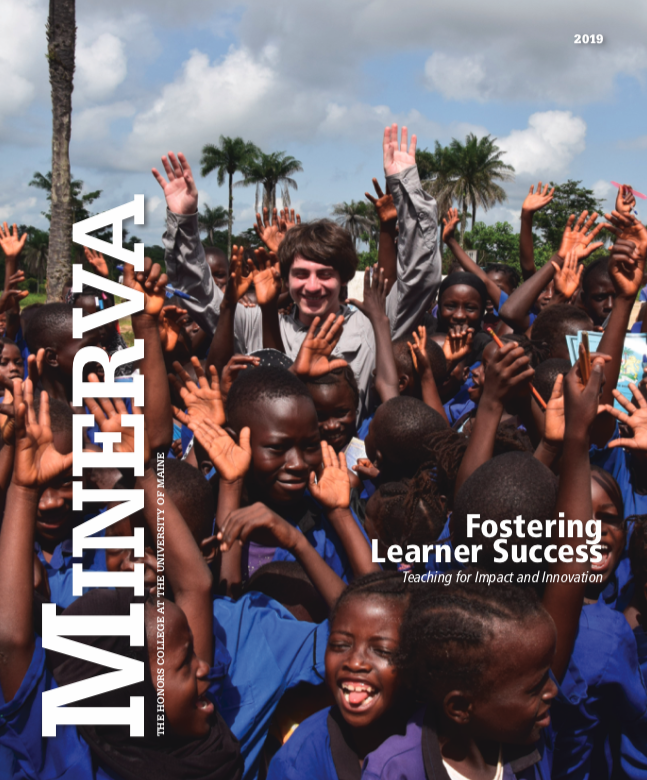 Minerva 2019 Cover, showing Honors student Sierra Kaplan surrounded by children in Sierra Leone on a 2019 trip.