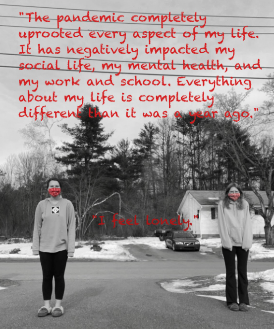 black and white image of two women standing on a driveway with quote about pandemic