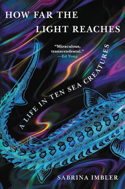 A picture of the cover of the book "How Far the Light Reaches: Life in Ten Sea Creatures" by Sabrina Imbler with a blue fish and iridescent rainbow swirls on a dark background.