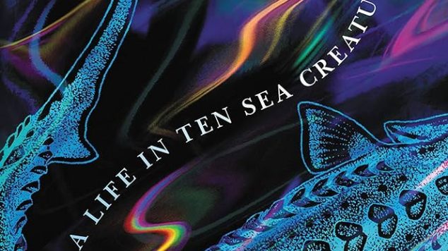 A picture of the cover of the book "How Far the Light Reaches: Life in Ten Sea Creatures" by Sabrina Imbler with a blue fish and iridescent rainbow swirls on a dark background.