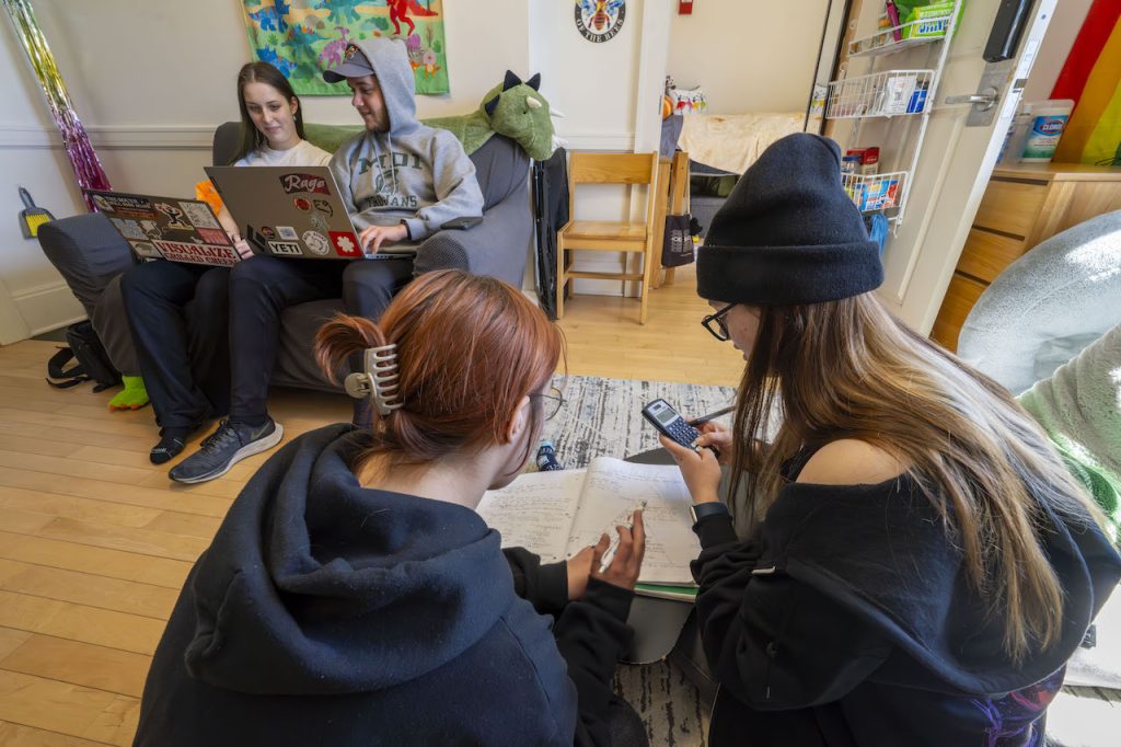 A group of students studying in an Honors College dorm