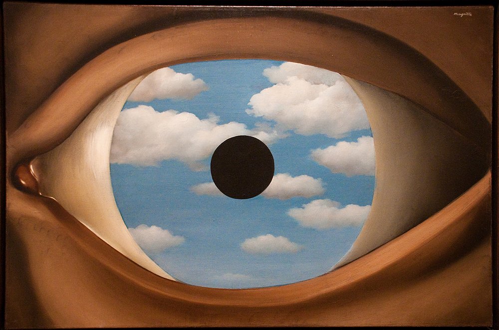 A surrealist painting of a human eye where the iris is replaced by a bright blue sky filled with fluffy white clouds, depicting René Magritte's "The False Mirror."
